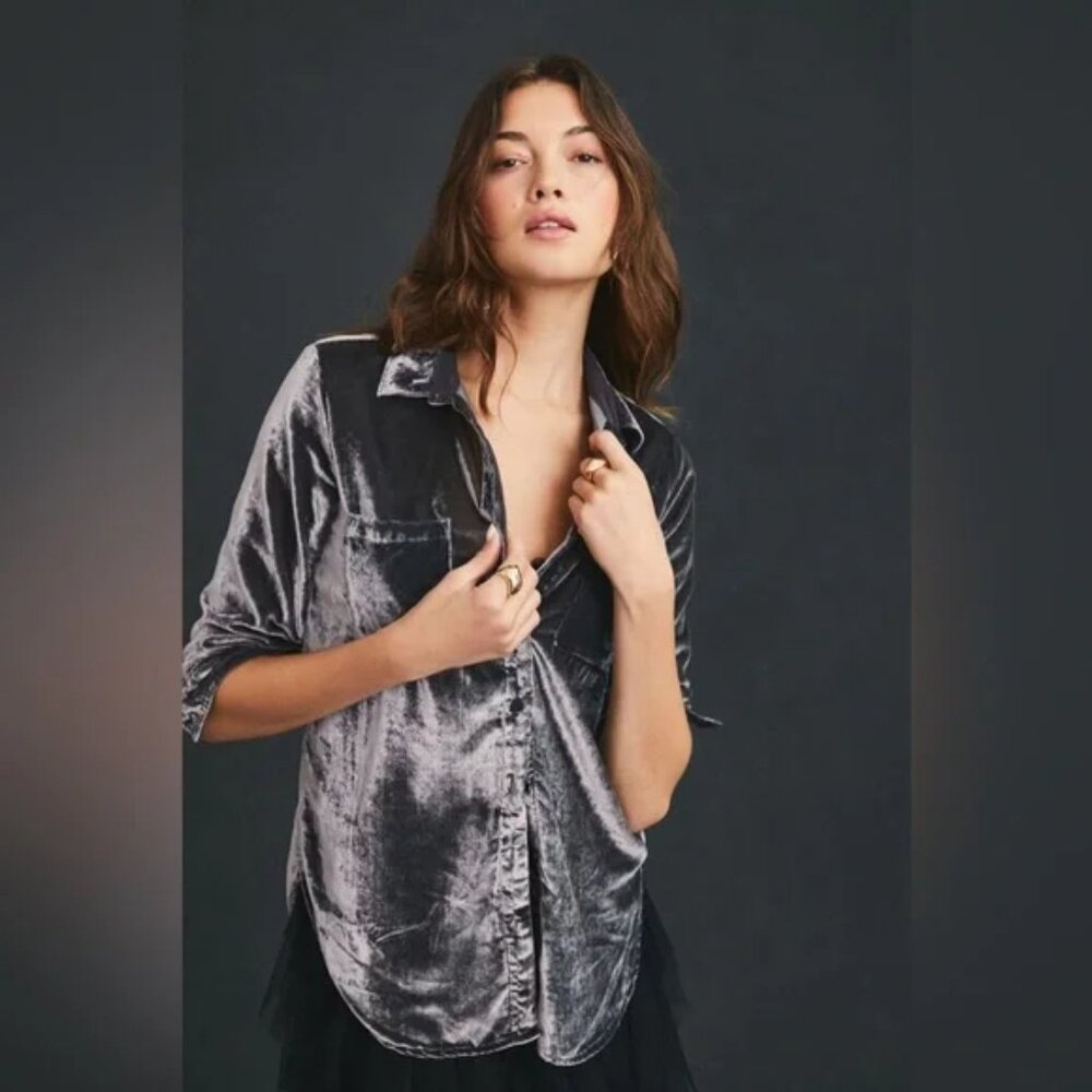 Anthropologie pilcro Hadley velvet button down collar shirt slate - XS